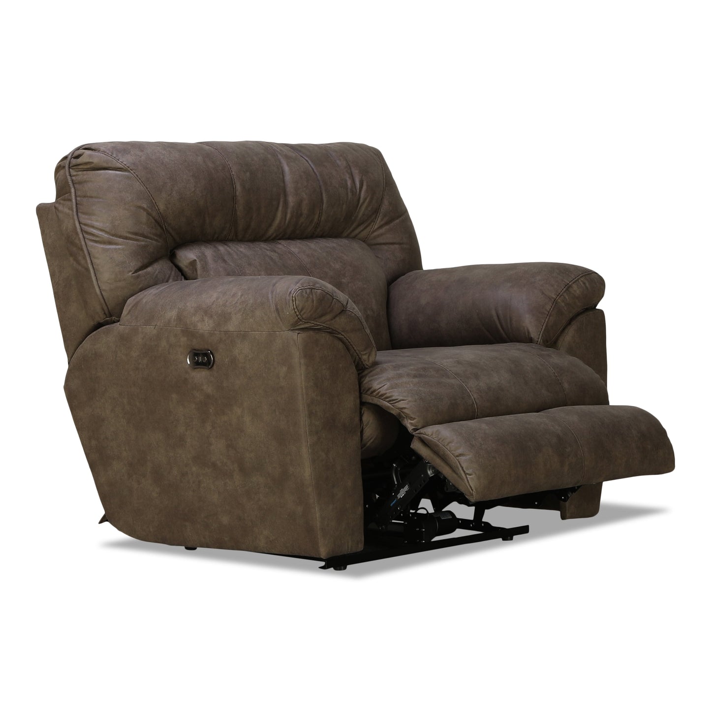 Wall-hugging power recliner in dark brown faux leather with extended footrest