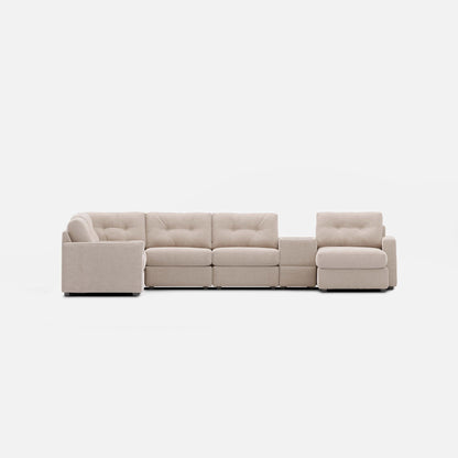 8-piece modular sectional sofa in light beige fabric with chaise and padded arms.