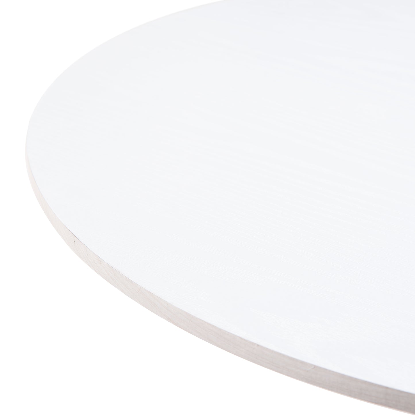 White round tabletop edge detail with smooth pedestal base