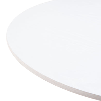 White round tabletop edge detail with smooth pedestal base