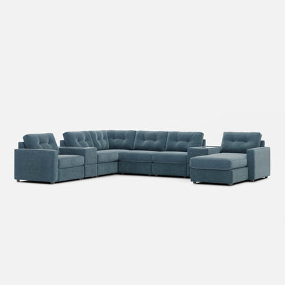 Teal blue corner sectional sofa with square seat blocks and chaise ottomans