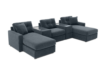 Modular theater sectional with dual chaises in dark navy, close angled view of chaise cushions.