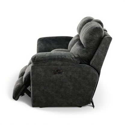 Dark gray power loveseat recliner with curved arms and center control panel