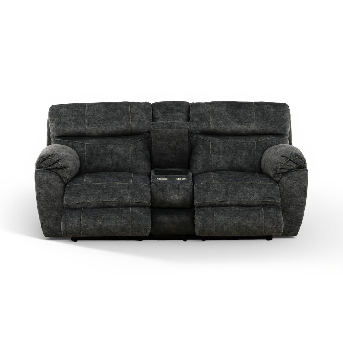Gray power console loveseat front view with center console and two outer recline arms