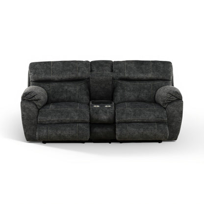Gray power console loveseat front view with center console and two outer recline arms