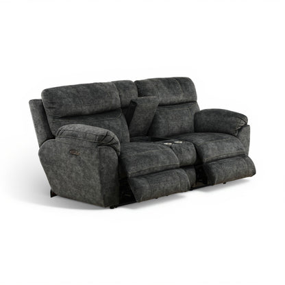 Gray power console loveseat shown from front-left angle with reclining sections