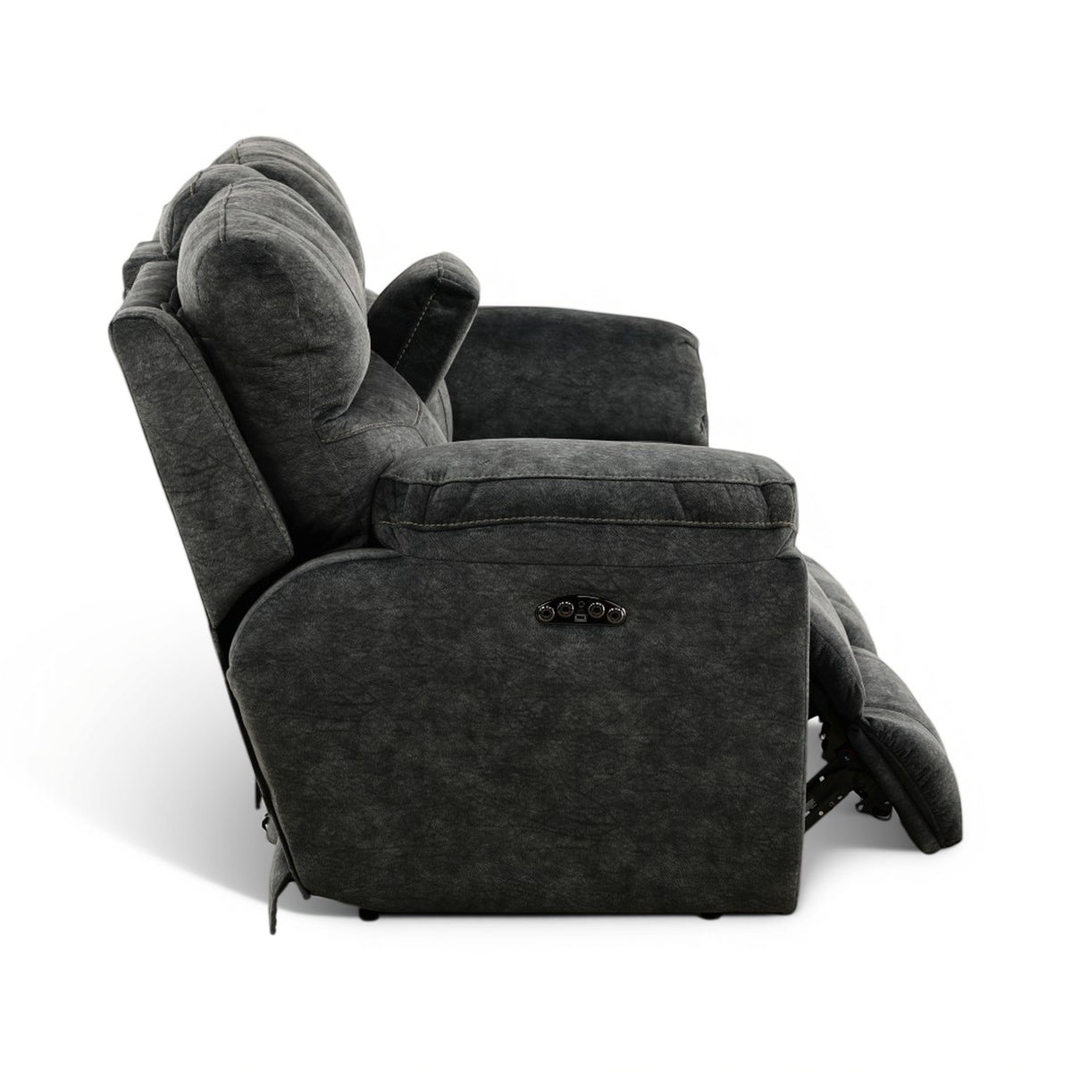 Dark gray power recliner loveseat with side recline handle and center console