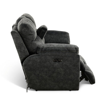 Dark gray power recliner loveseat with side recline handle and center console