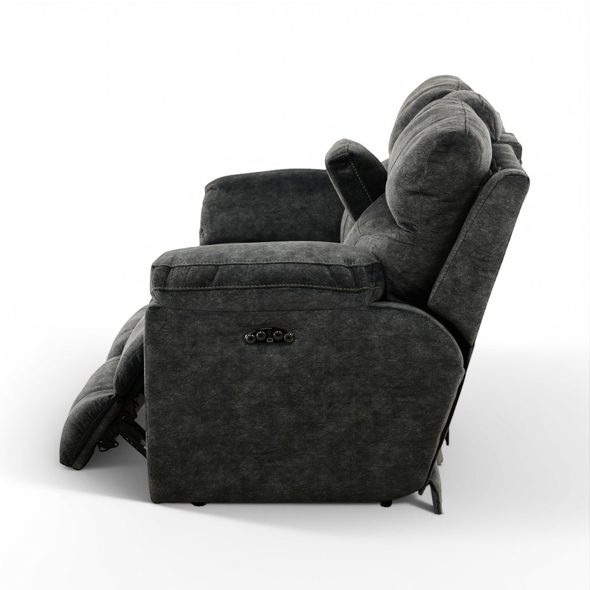 Dark gray power loveseat recliner with wide armrests and center control panel
