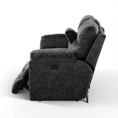 Dark gray power loveseat recliner with wide armrests and center control panel