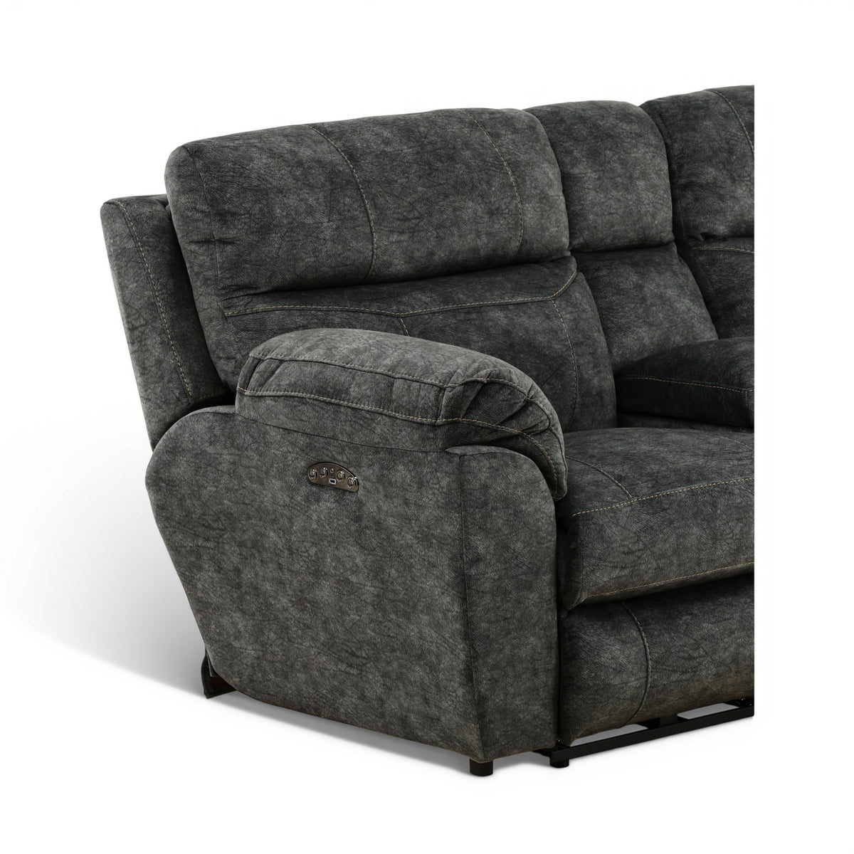 Gray power console loveseat close-up of padded arm and control panel on side