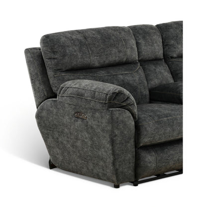 Gray power console loveseat close-up of padded arm and control panel on side