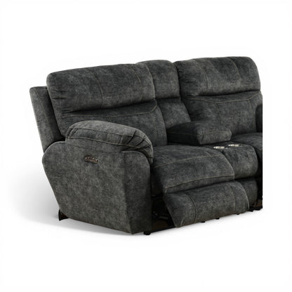 Gray power console loveseat with padded recline seats and curved armrests