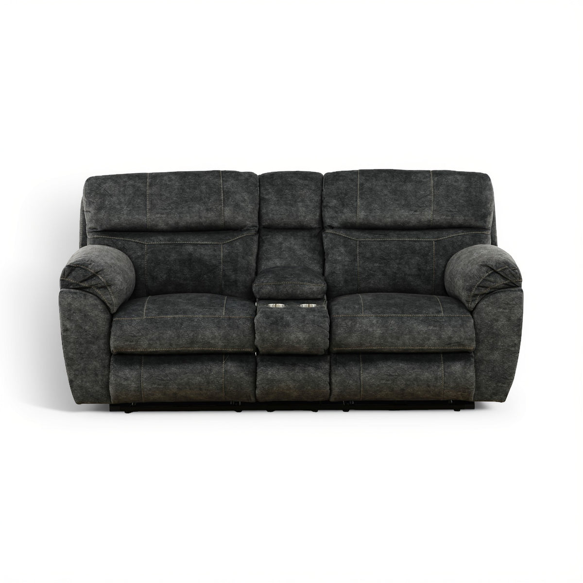 Dark gray power loveseat with two padded seats and center console section