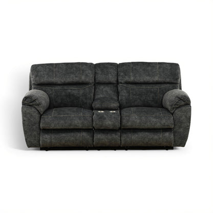 Dark gray power loveseat with two padded seats and center console section