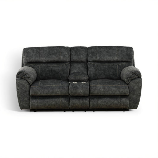 Dark gray power loveseat with two padded seats and center console section