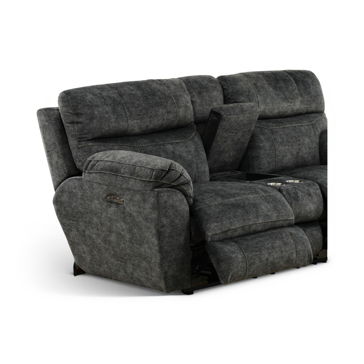 Gray power console loveseat angled view with recline footrests and side controls