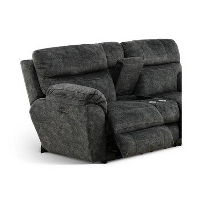 Gray power console loveseat angled view with recline footrests and side controls