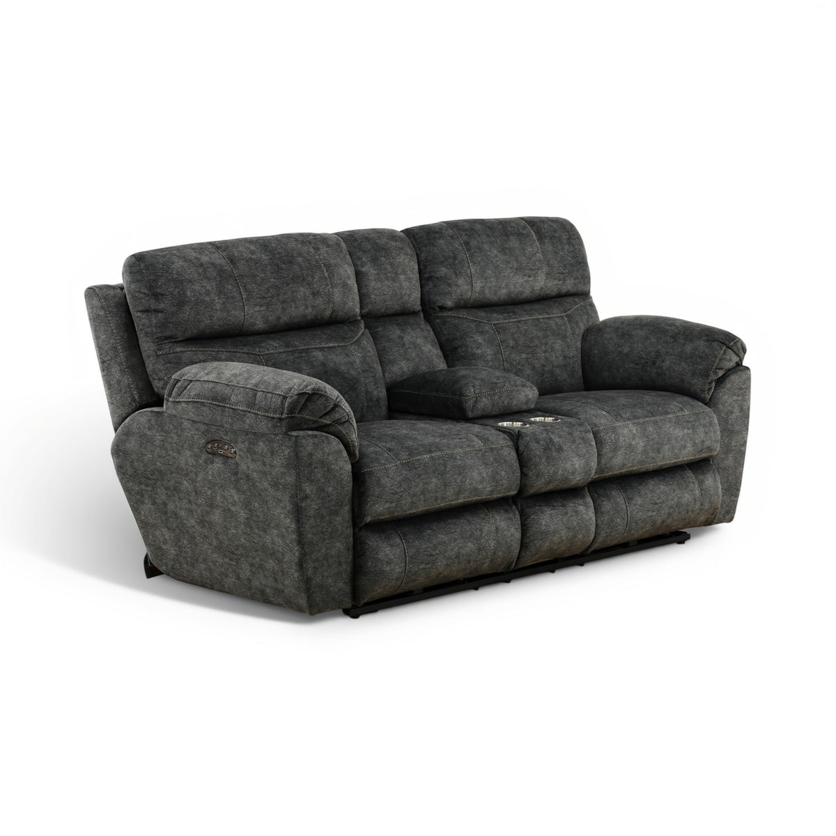 Gray upholstered power console loveseat, three-seat layout with recline footrests
