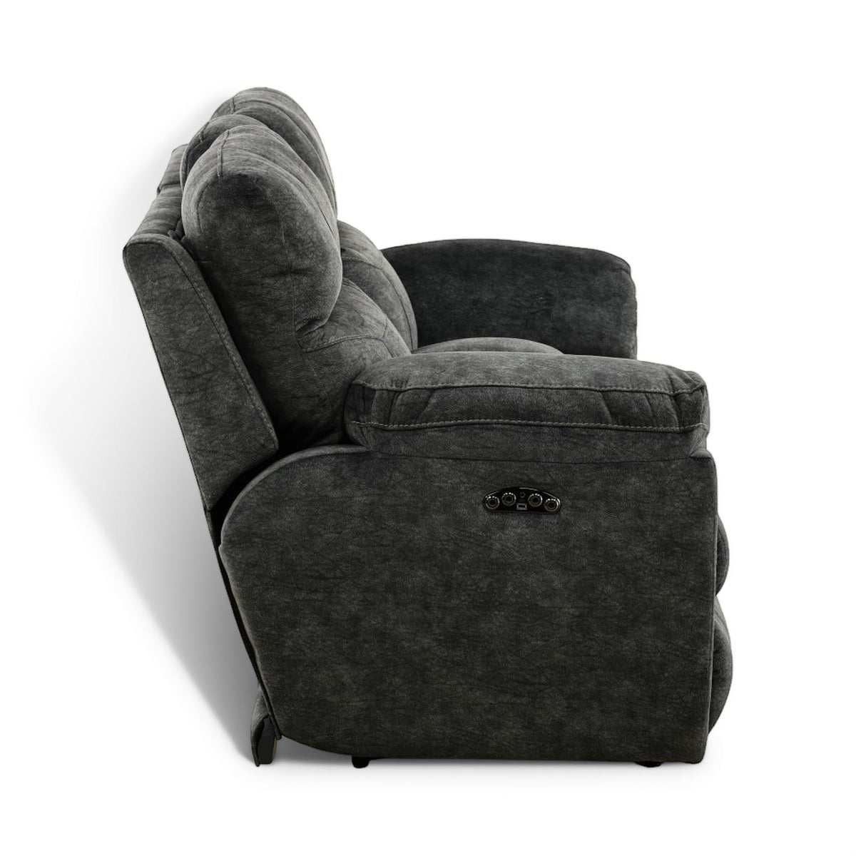 Dark gray power loveseat recliner with cushioned arms and center control console
