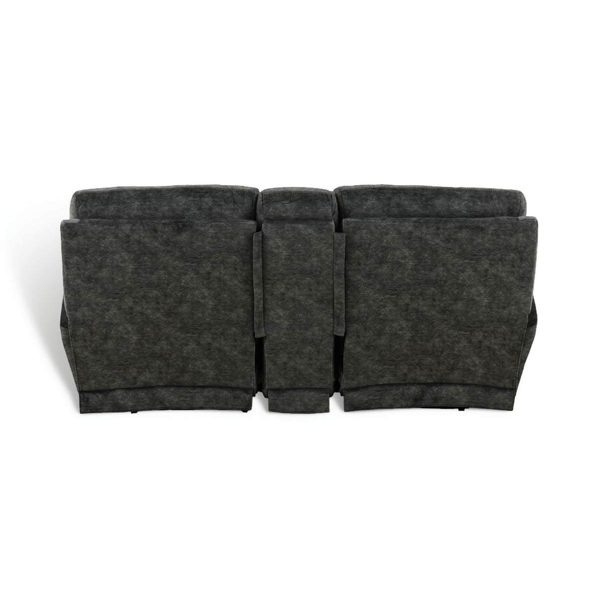 Gray power console loveseat back view with three backrest sections and split seams