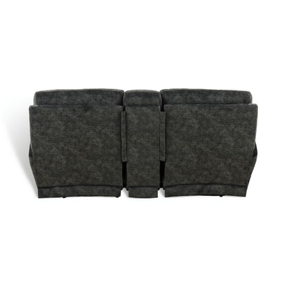 Gray power console loveseat back view with three backrest sections and split seams