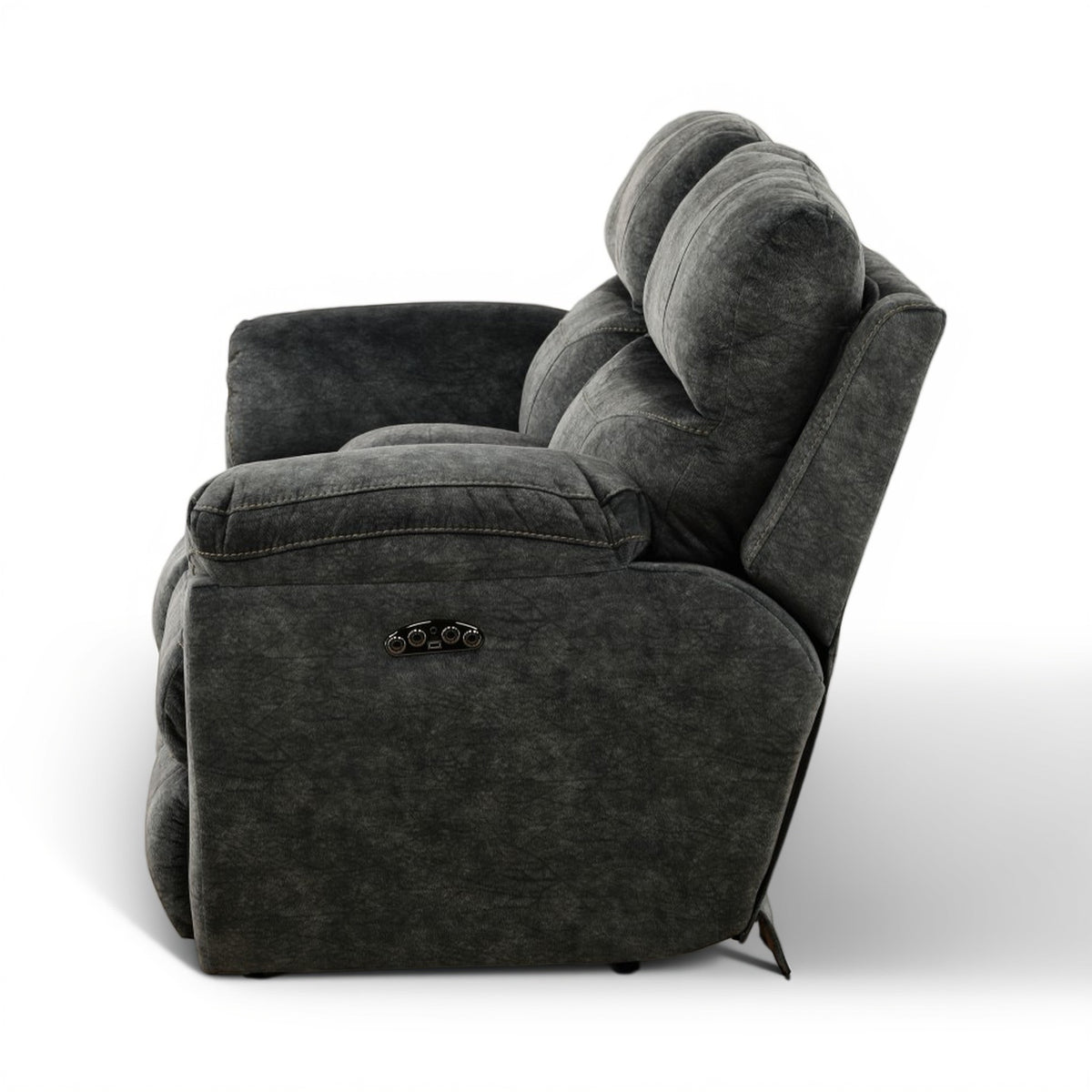 Gray power console loveseat side view with control panel and curved padded arms