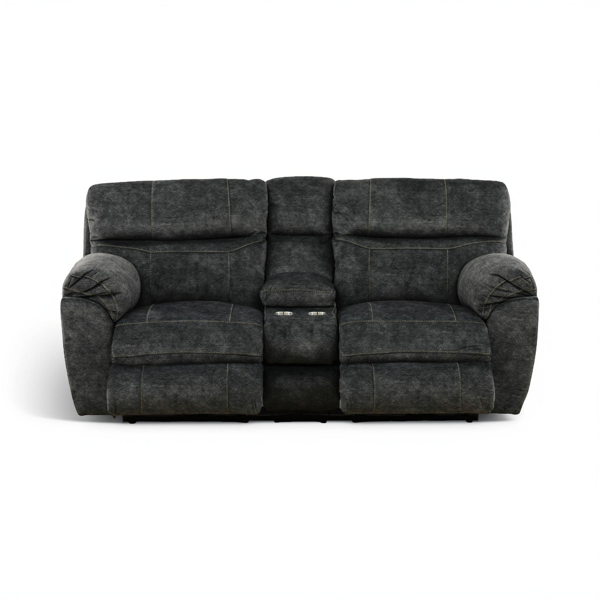Gray power console loveseat straight-on view with center console and recline arms
