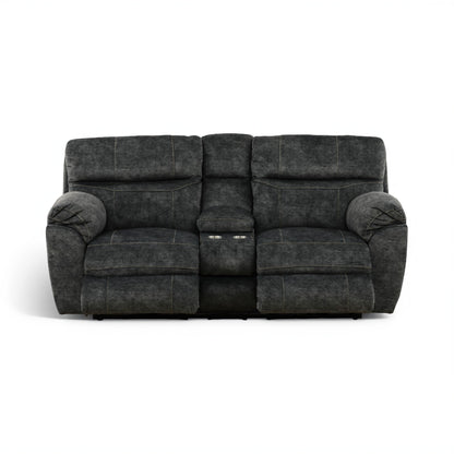 Gray power console loveseat straight-on view with center console and recline arms