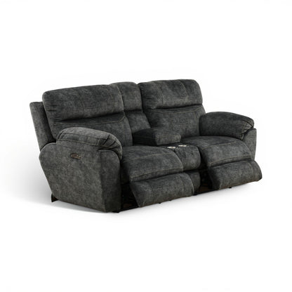 Gray power console loveseat angled front view with wide padded arm and recline seats