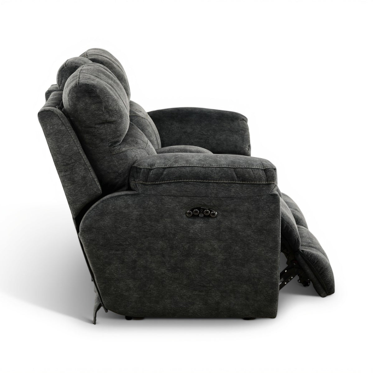 Dark gray power recliner loveseat with padded arms and center console buttons