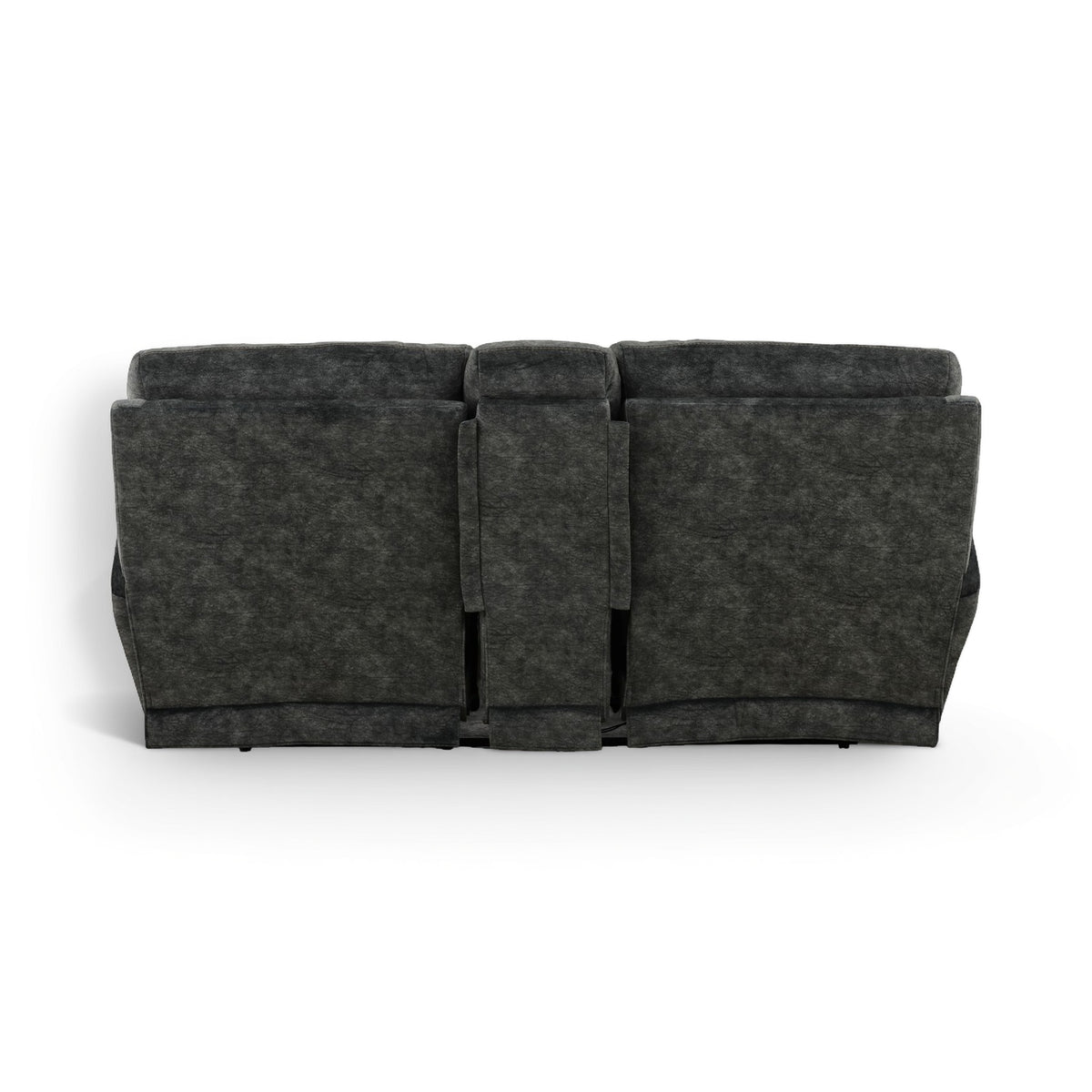 Dark gray loveseat with split backrests and center power console