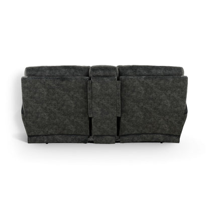 Dark gray loveseat with split backrests and center power console