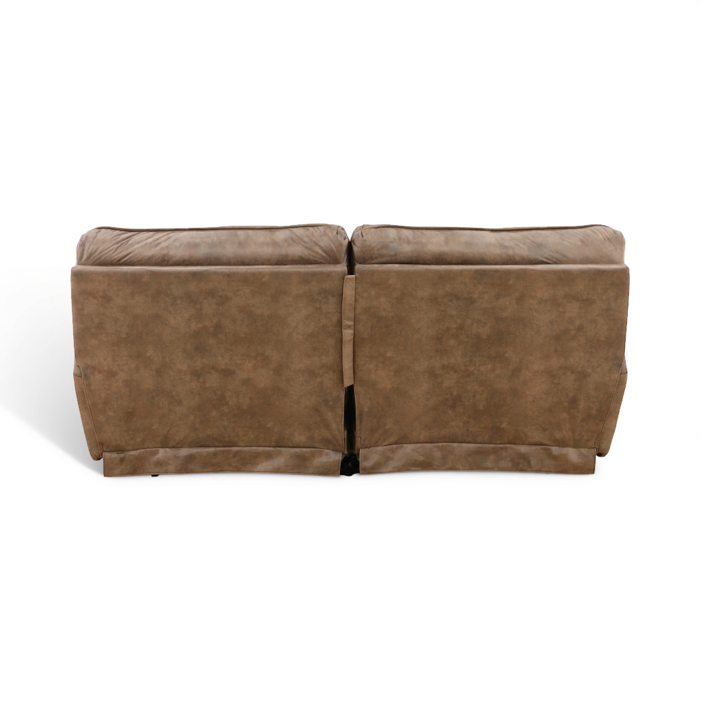 Power reclining sofa back view with two seat sections in taupe-brown upholstery