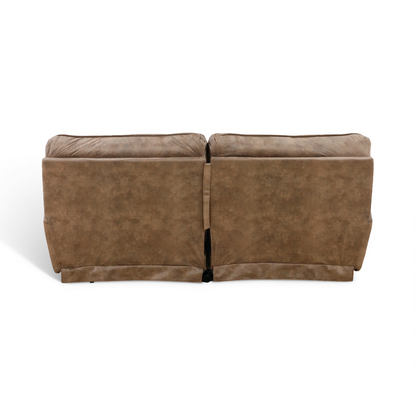 Power reclining sofa back view with two seat sections in taupe-brown upholstery