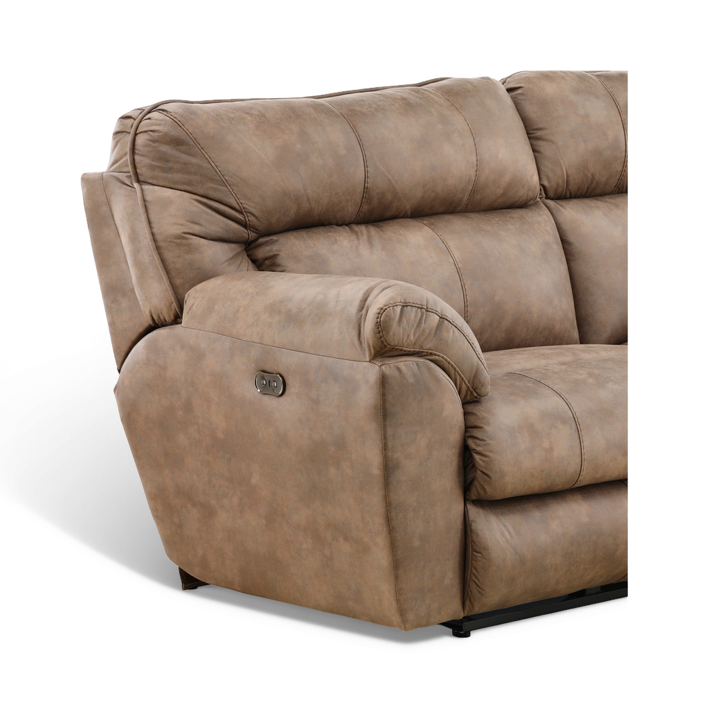 Power reclining sofa armrest with embedded control button in taupe-brown upholstery