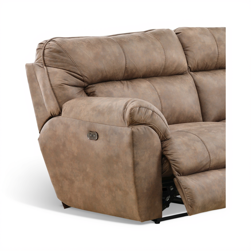 Power reclining sofa close-up of side arm with control panel and reclining mechanism