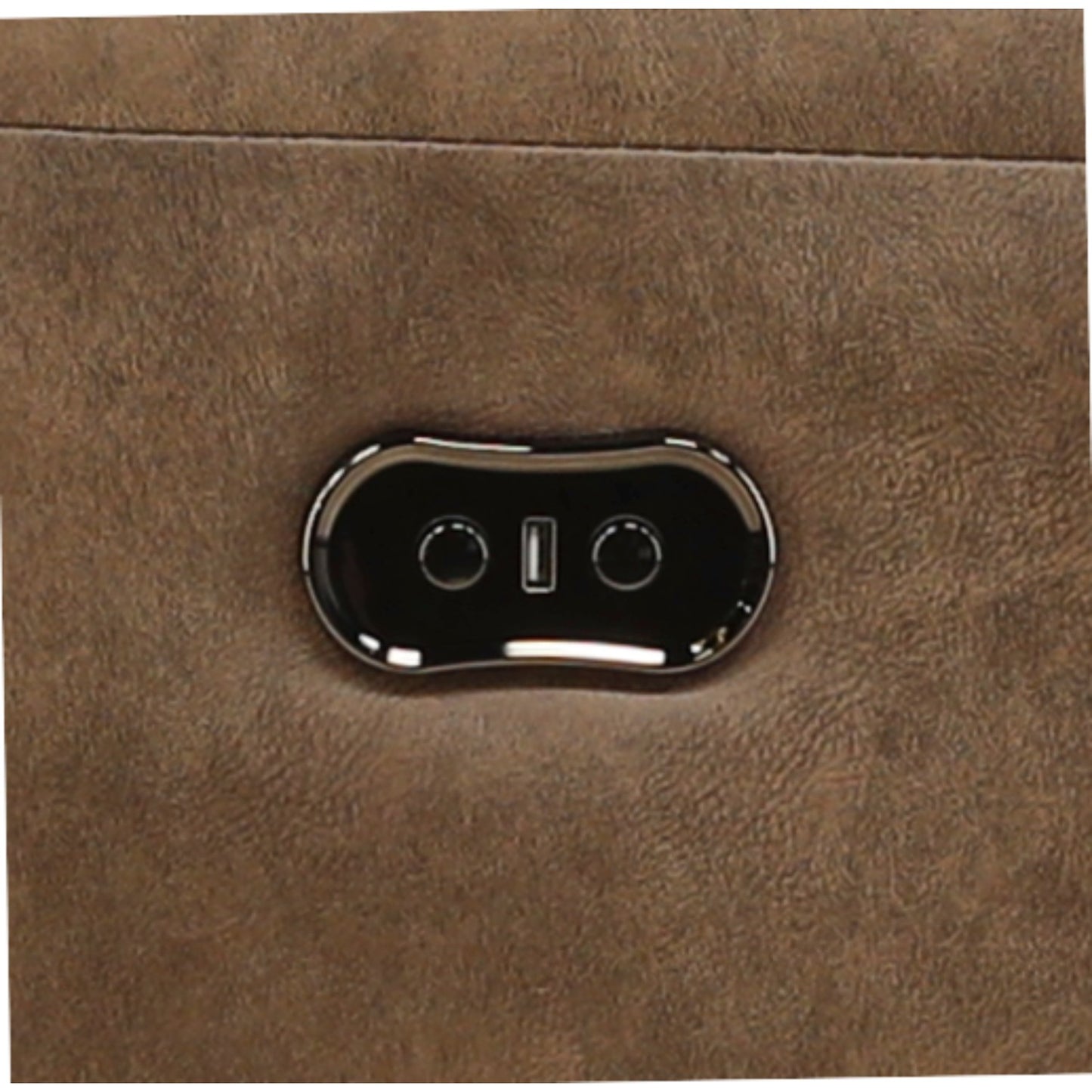 Power recline control panel with buttons on taupe-brown upholstery