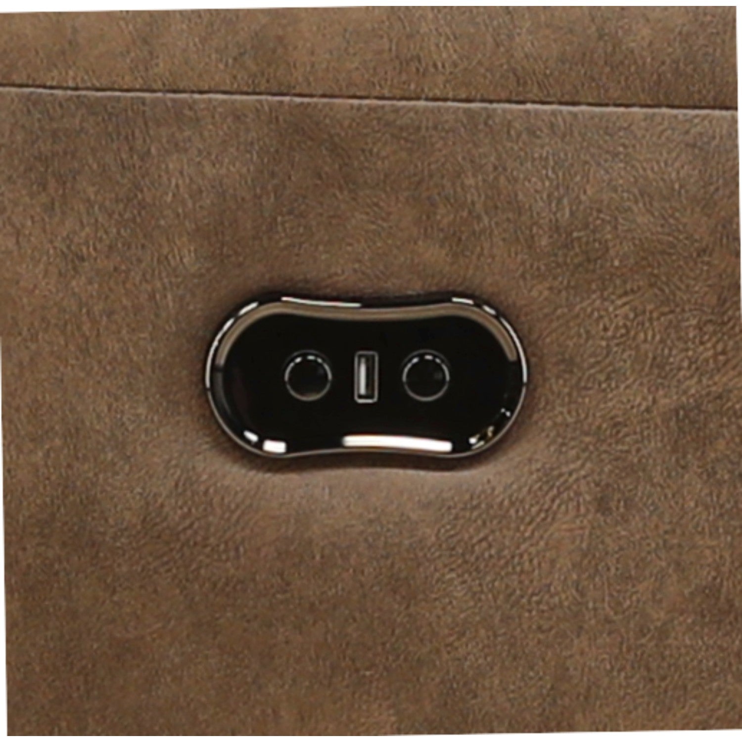 Power recline control panel with buttons on taupe-brown upholstery