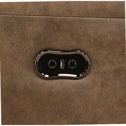 Power recline control panel with buttons on taupe-brown upholstery