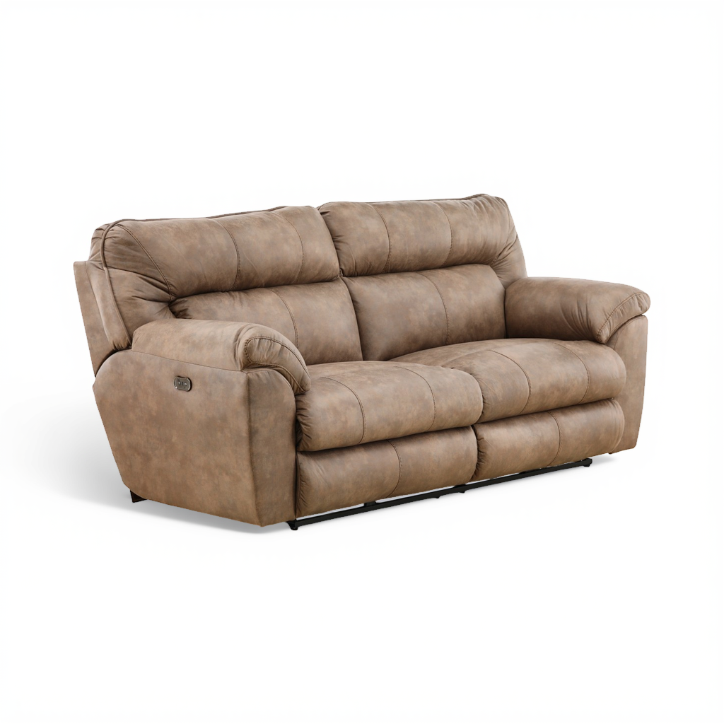 Power reclining sofa in taupe-brown with smooth padded cushions and armrests
