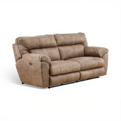Power reclining sofa in taupe-brown with smooth padded cushions and armrests