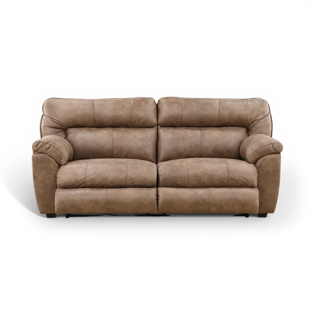 Power reclining sofa in taupe-brown with padded arms and two-seat layout