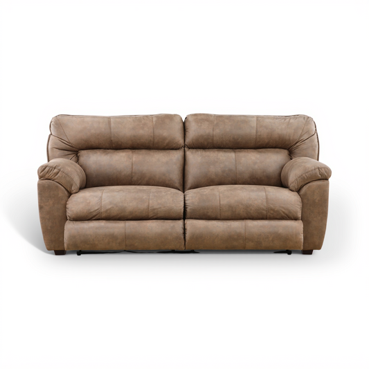 Power reclining sofa in taupe-brown with padded arms and two-seat layout