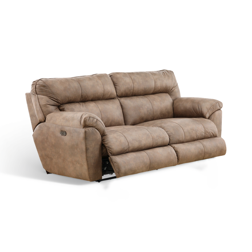 Power reclining sofa in taupe-brown, angled view with side control panel detail