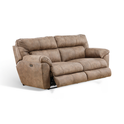 Power reclining sofa in taupe-brown, angled view with side control panel detail