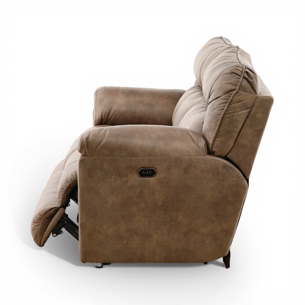 Power reclining sofa in taupe-brown with adjustable headrest and reclining lever