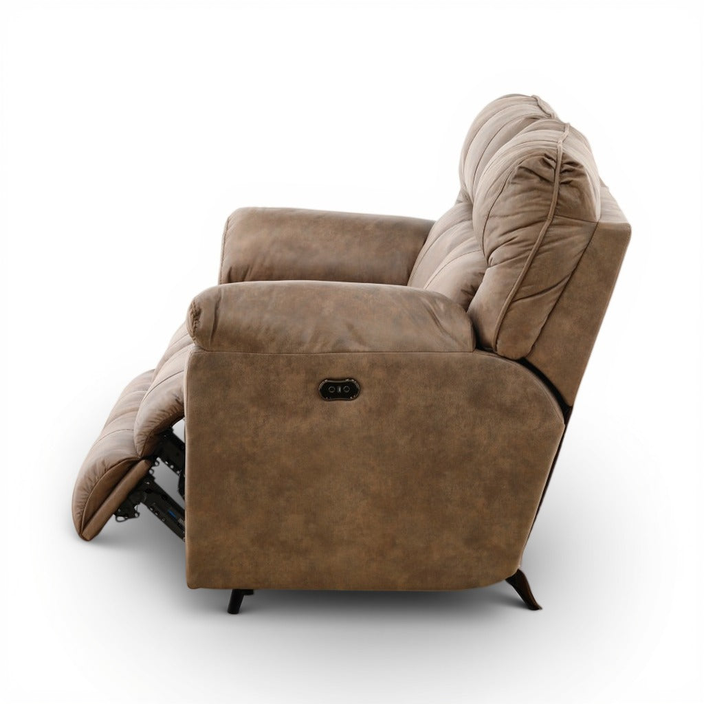 Brown power reclining loveseat shown reclined from the side