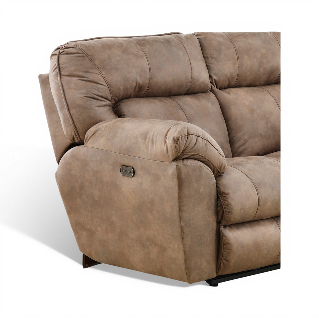 Brown power reclining loveseat with control switch on the armrest