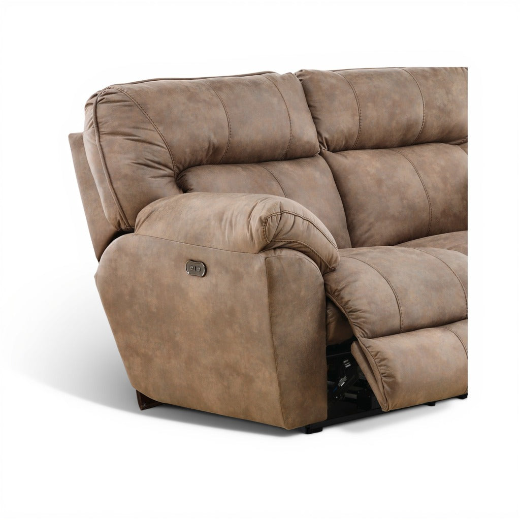 Power reclining loveseat in brown faux suede with padded arms